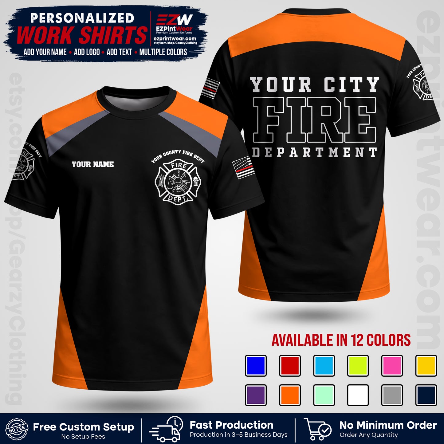 Custom Fire Department Shirt with Name, City Logo & Text | Firefighter Uniform | Button Up Work Shirt FF04