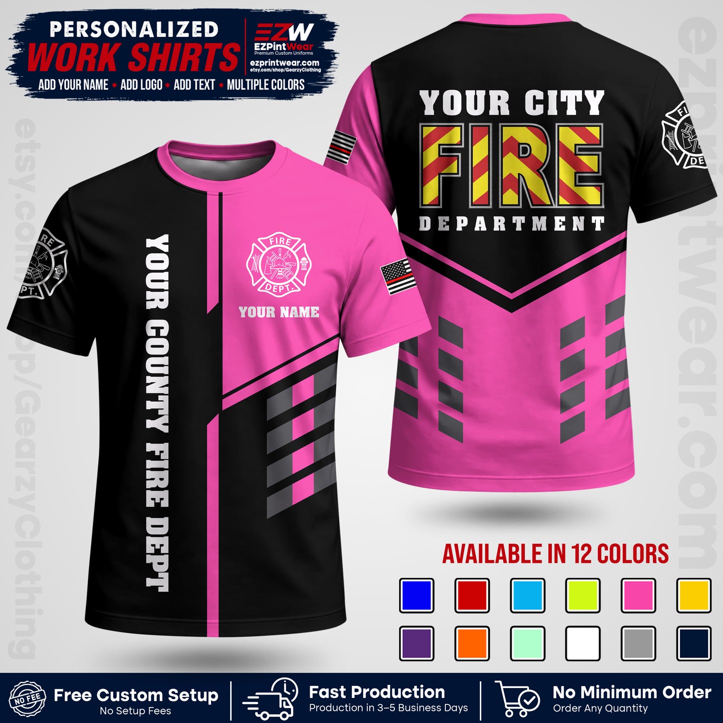 Custom Fire Department Shirt with Name, City Logo & Text | Firefighter Uniform | Button Up Work Shirt FF06