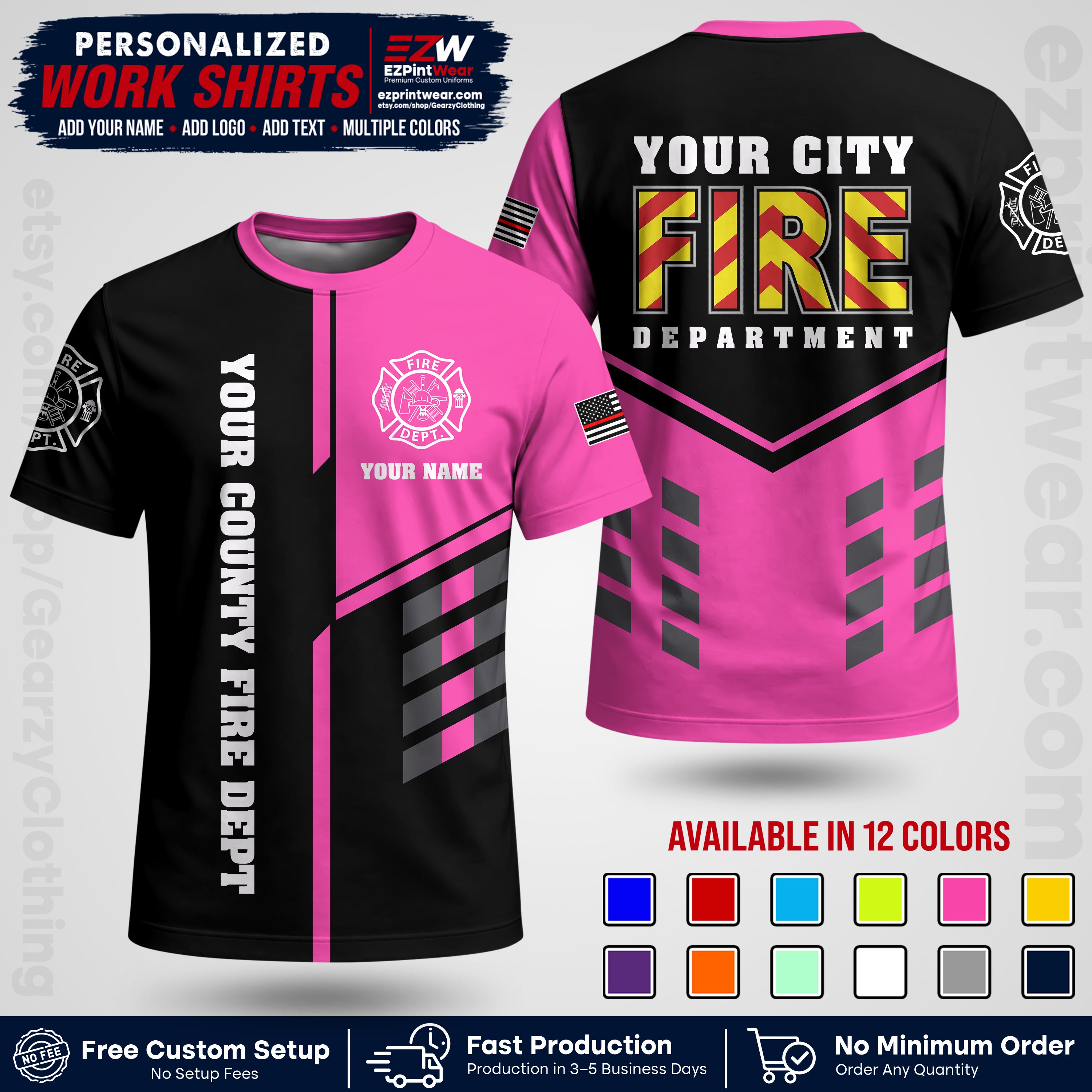 Custom Fire Department Shirt with Name, City Logo & Text | Firefighter Uniform | Button Up Work Shirt FF06