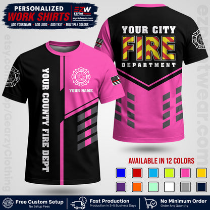 Custom Fire Department Shirt with Name, City Logo & Text | Firefighter Uniform | Button Up Work Shirt FF06