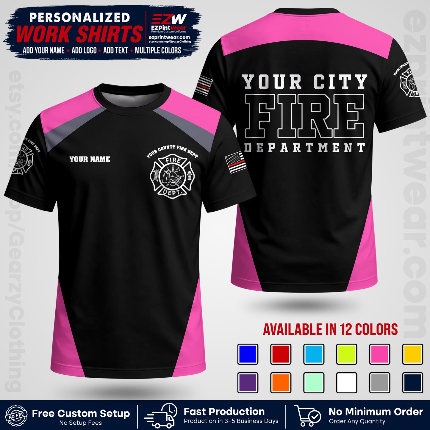 Custom Fire Department Shirt with Name, City Logo & Text | Firefighter Uniform | Button Up Work Shirt FF04