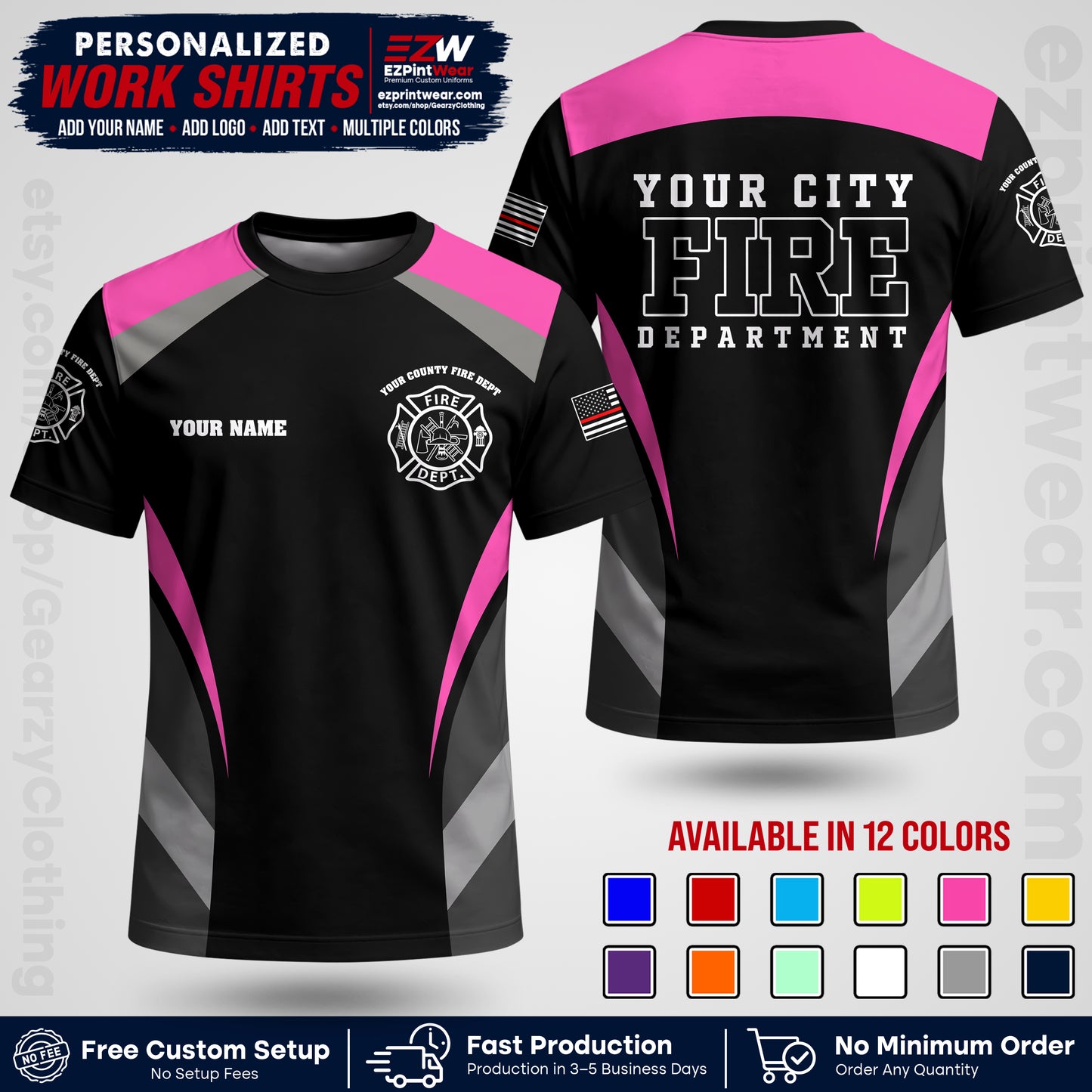 Custom Fire Department Shirt with Name, City Logo & Text | Firefighter Uniform | Button Up Work Shirt FF02