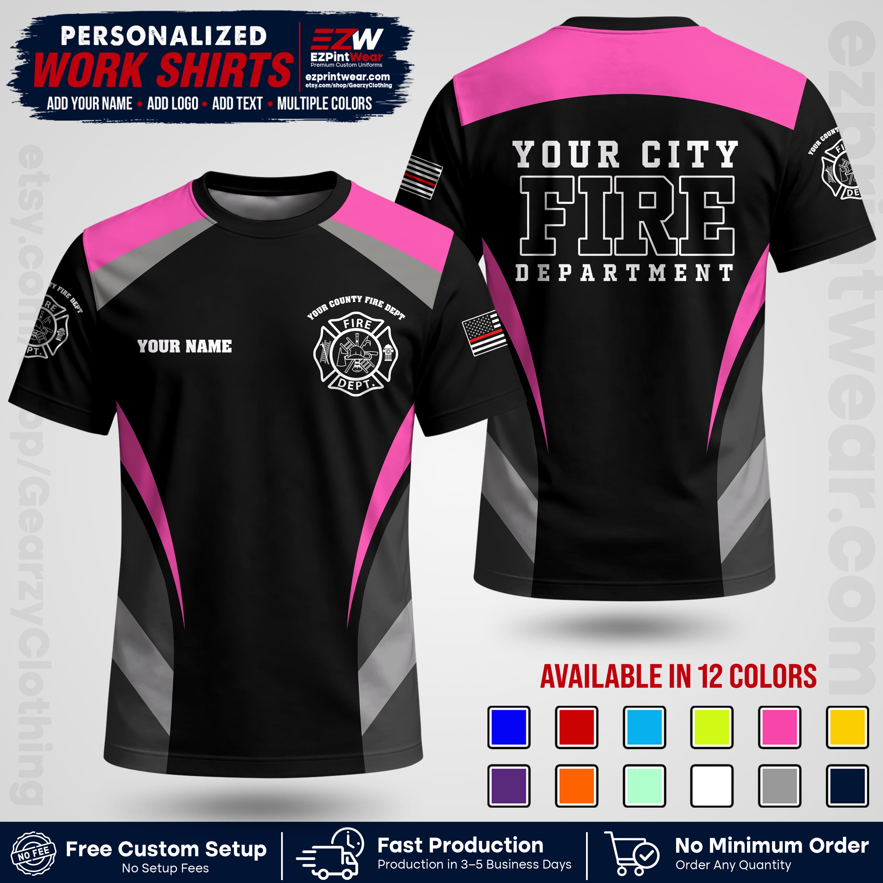 Custom Fire Department Shirt with Name, City Logo & Text | Firefighter Uniform | Button Up Work Shirt FF02