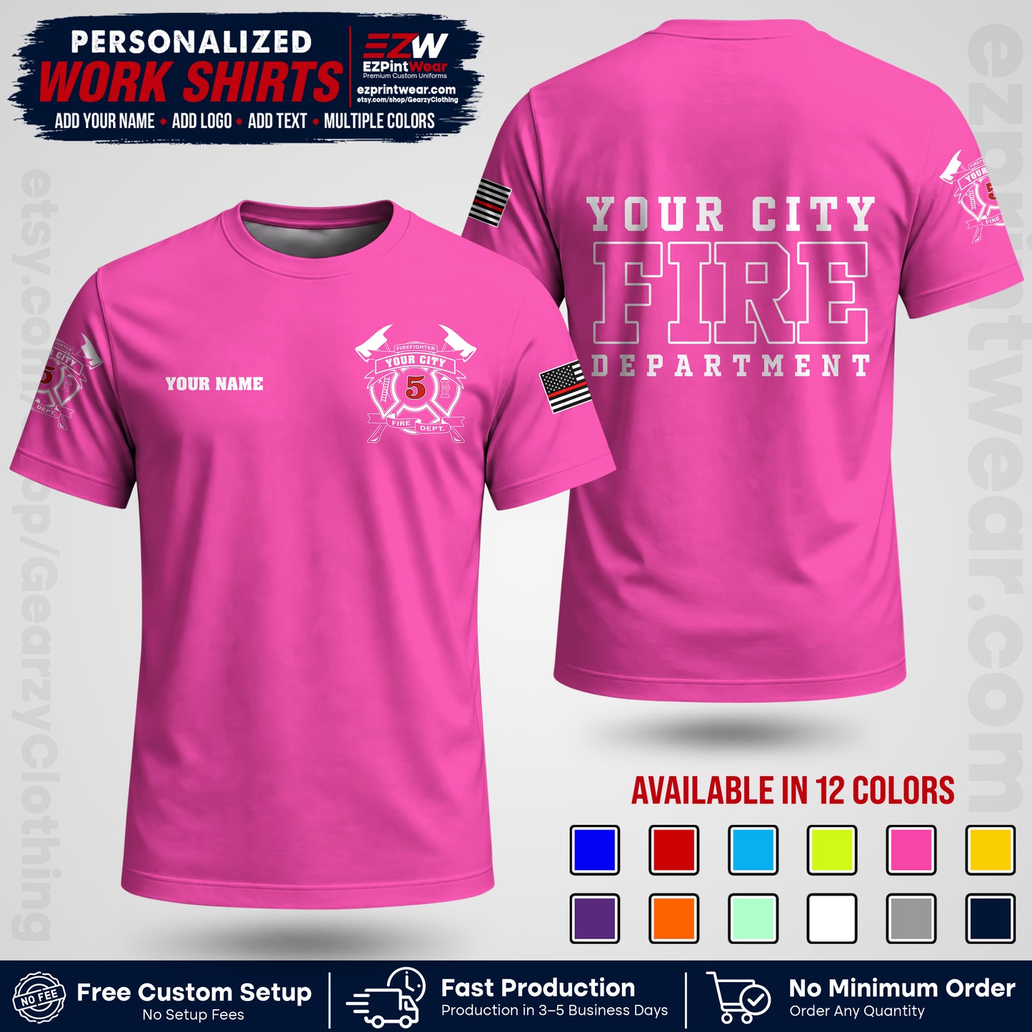 Custom Fire Department Shirt with Name, City Logo & Text | Firefighter Uniform | Button Up Work Shirt FF07