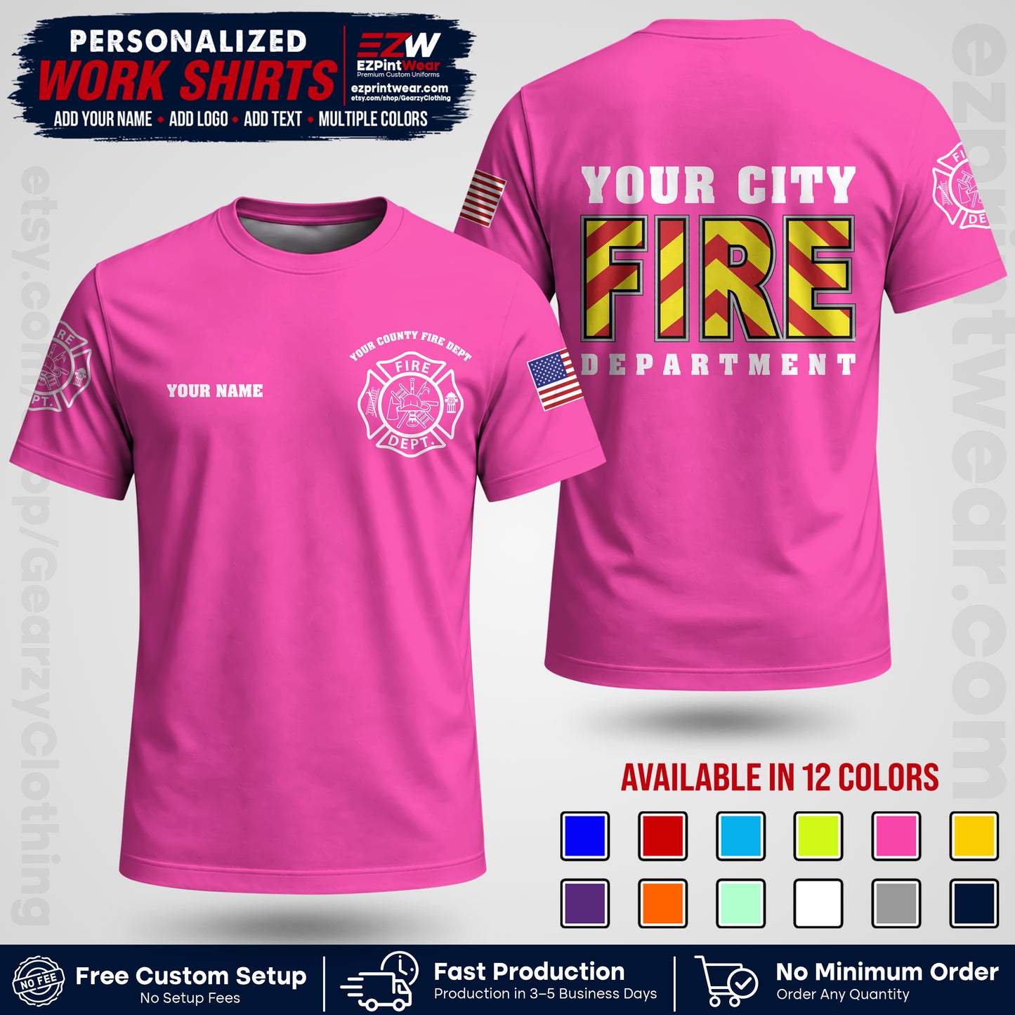 Custom Fire Department Shirt with Name, City Logo & Text | Firefighter Uniform | Button Up Work Shirt FF05