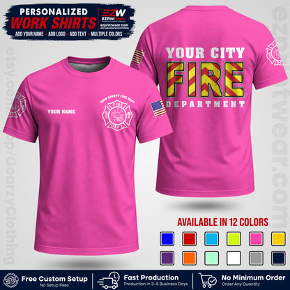 Custom Fire Department Shirt with Name, City Logo & Text | Firefighter Uniform | Button Up Work Shirt FF05