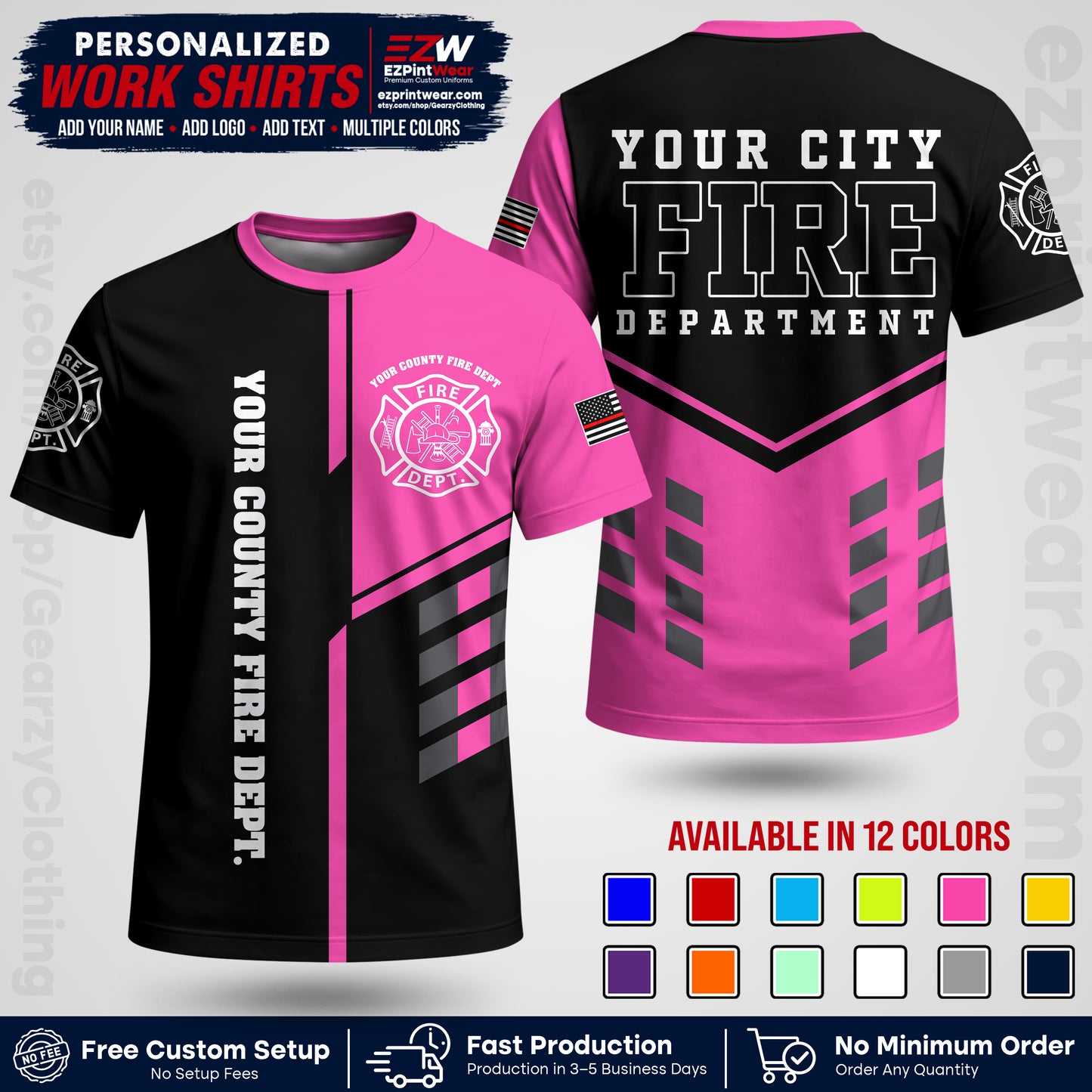 Custom Fire Department Shirt with Name, City Logo & Text | Firefighter Uniform | Button Up Work Shirt FF03