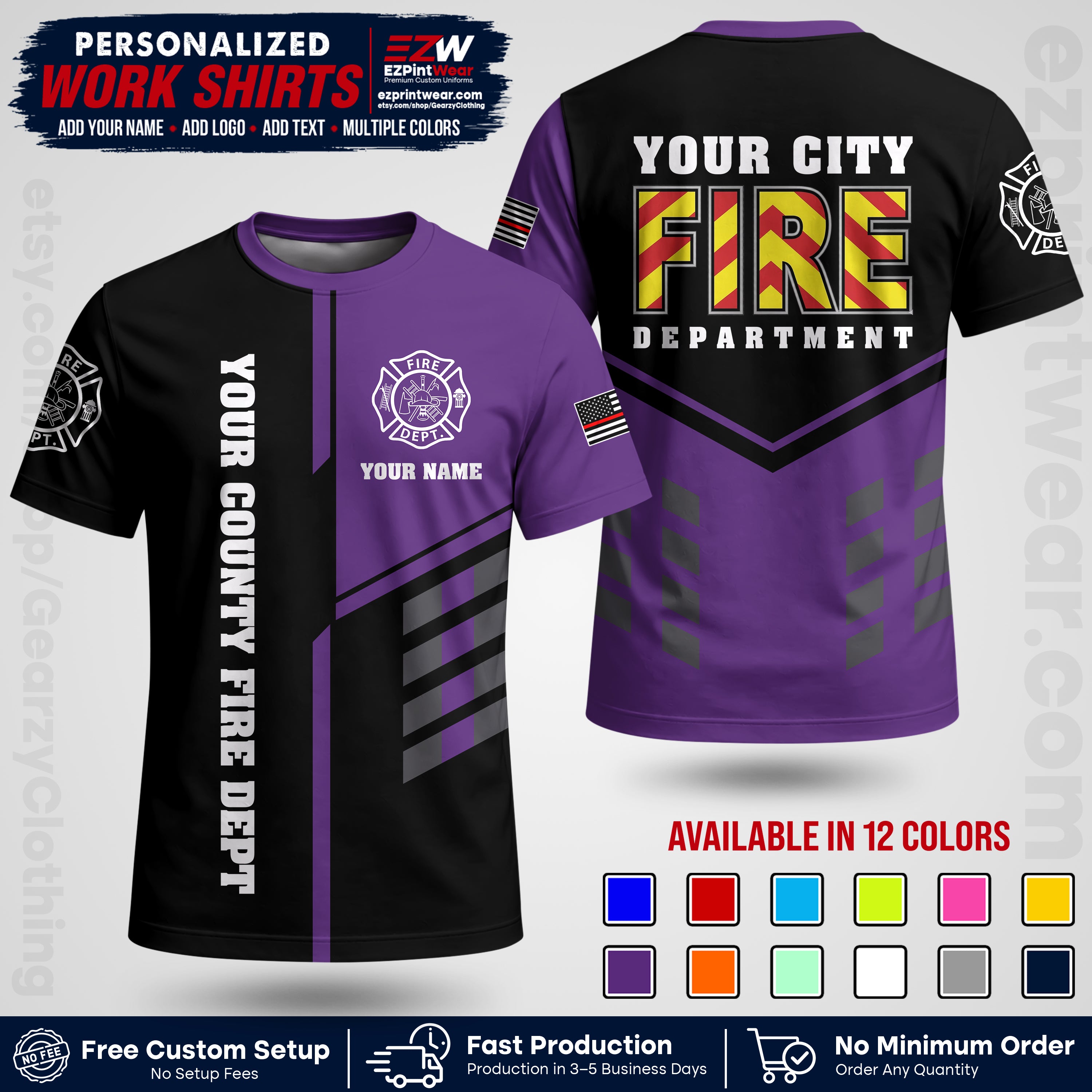 Custom Fire Department Shirt with Name, City Logo & Text | Firefighter Uniform | Button Up Work Shirt FF06