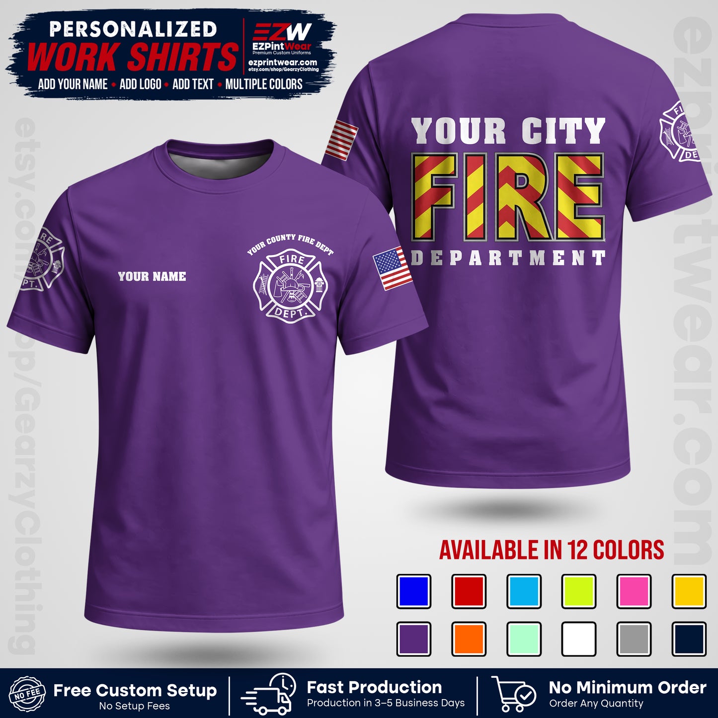 Custom Fire Department Shirt with Name, City Logo & Text | Firefighter Uniform | Button Up Work Shirt FF05