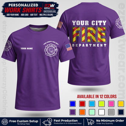 Custom Fire Department Shirt with Name, City Logo & Text | Firefighter Uniform | Button Up Work Shirt FF05