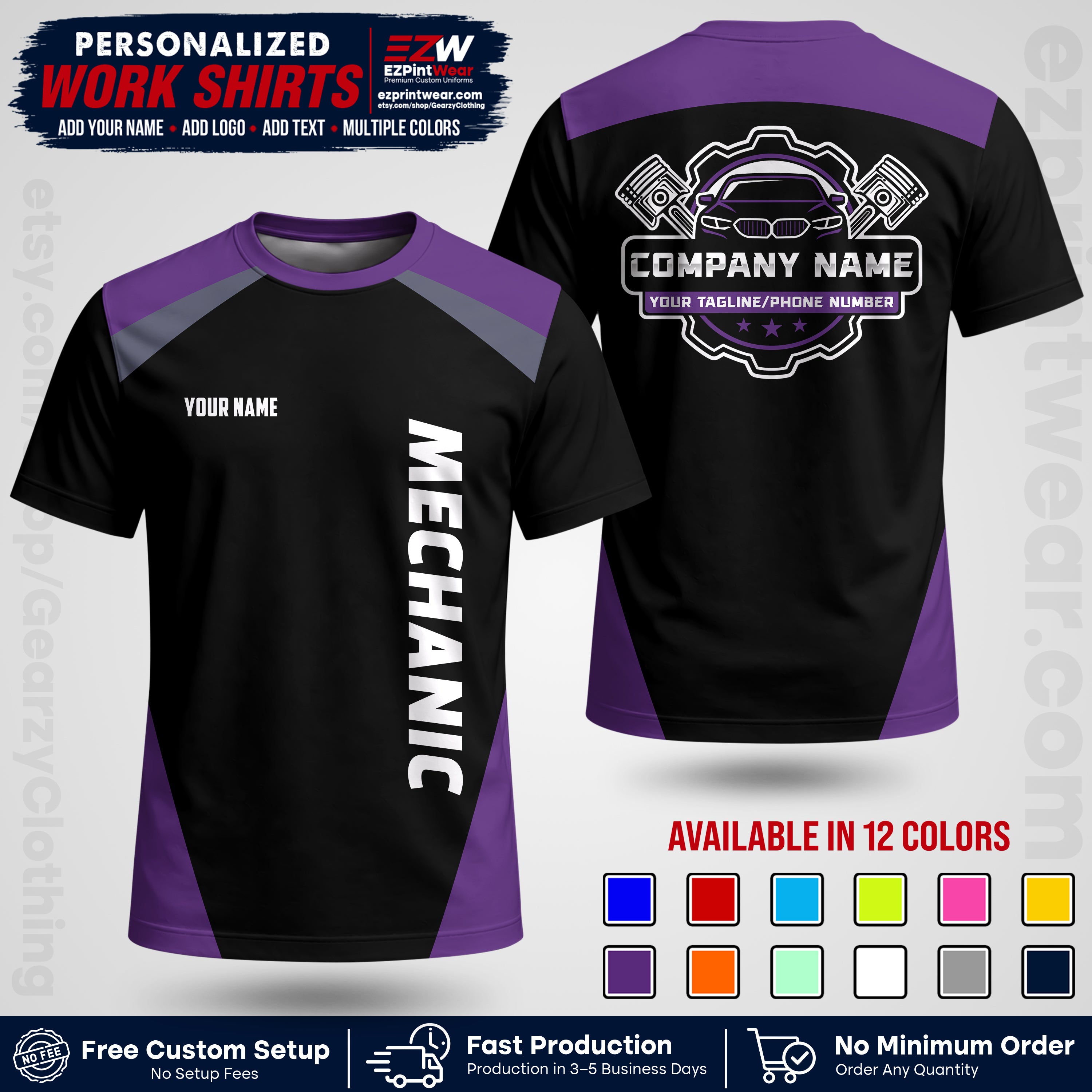 Custom Mechanic Work Shirt with Name, Logo & Text | Auto Shop Uniform | Workwear MCN 02