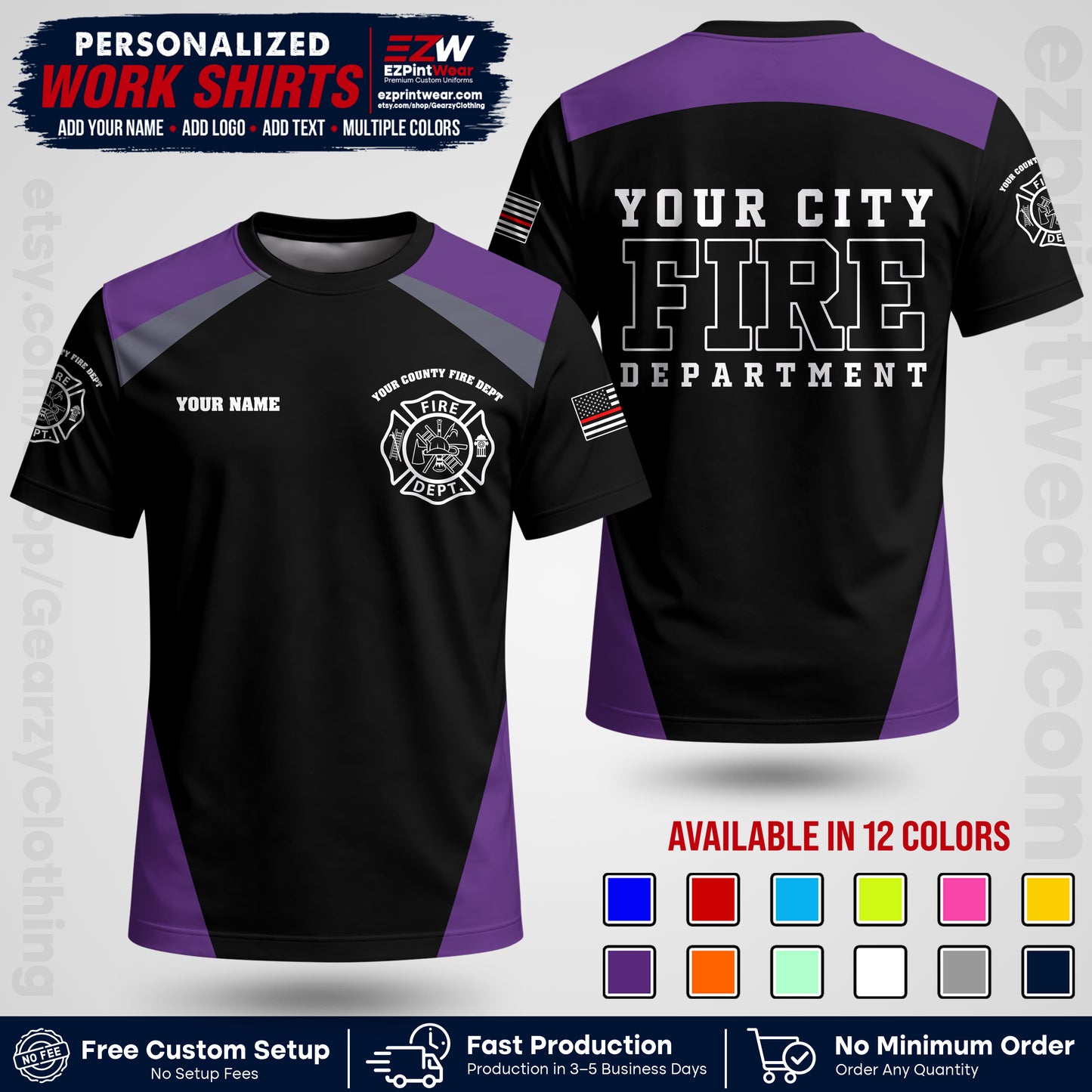 Custom Fire Department Shirt with Name, City Logo & Text | Firefighter Uniform | Button Up Work Shirt FF04