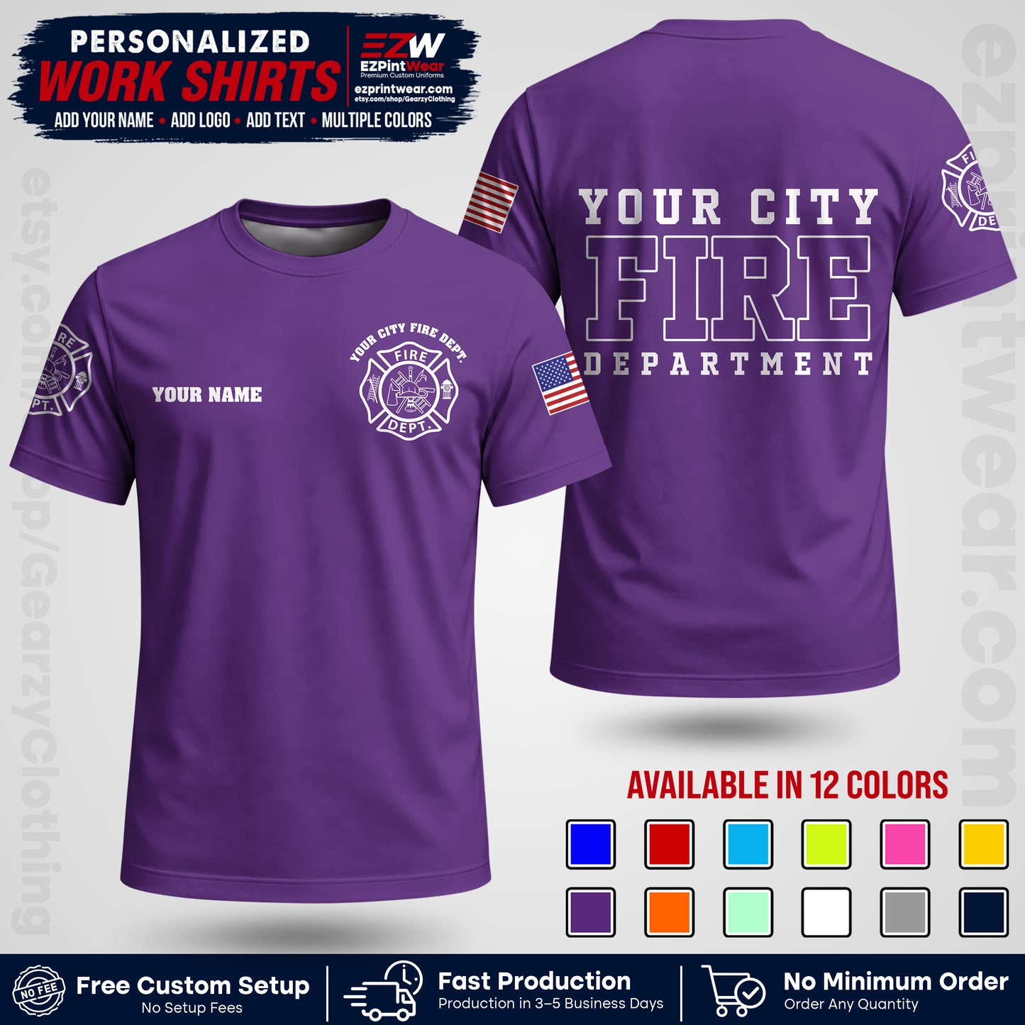 Custom Fire Department Shirt with Name, City Logo & Text | Firefighter Uniform | Button Up Work Shirt FF01