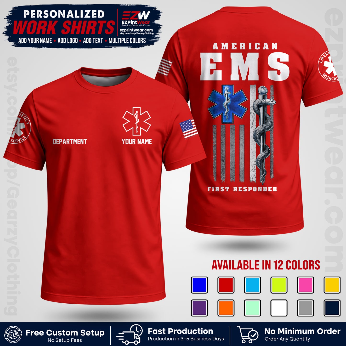 Custom EMS Shirt with Name, Logo & Text | EMS Team Uniform | First Responder Workwear EMSU03