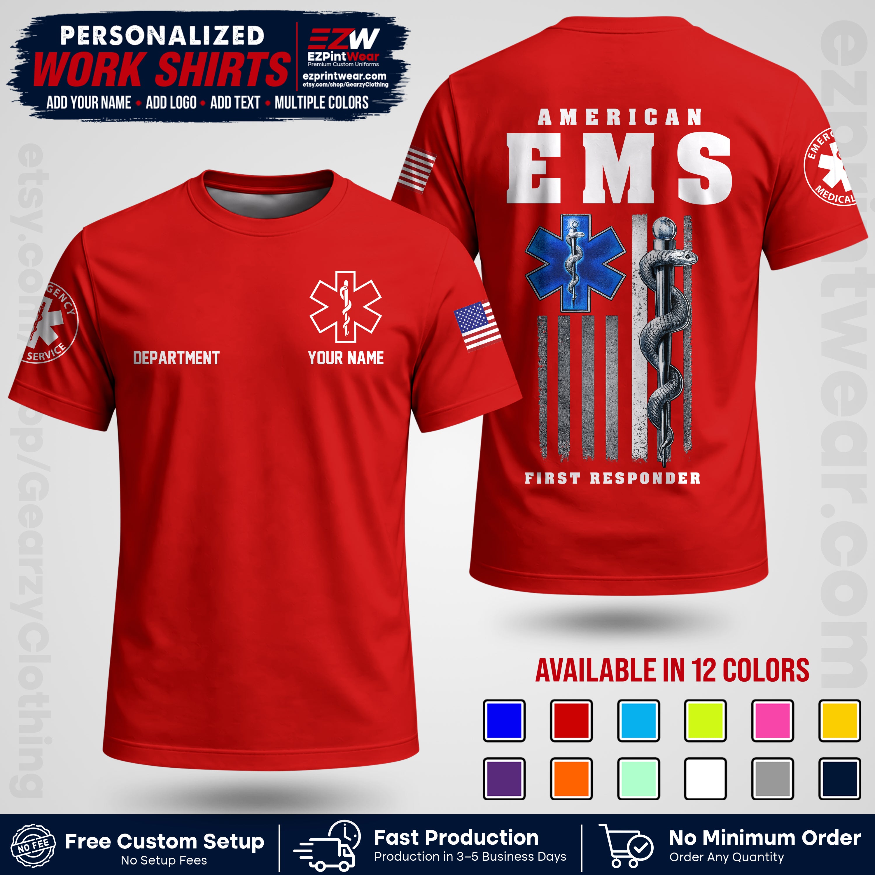 Custom EMS Shirt with Name, Logo & Text | EMS Team Uniform | First Responder Workwear EMSU03