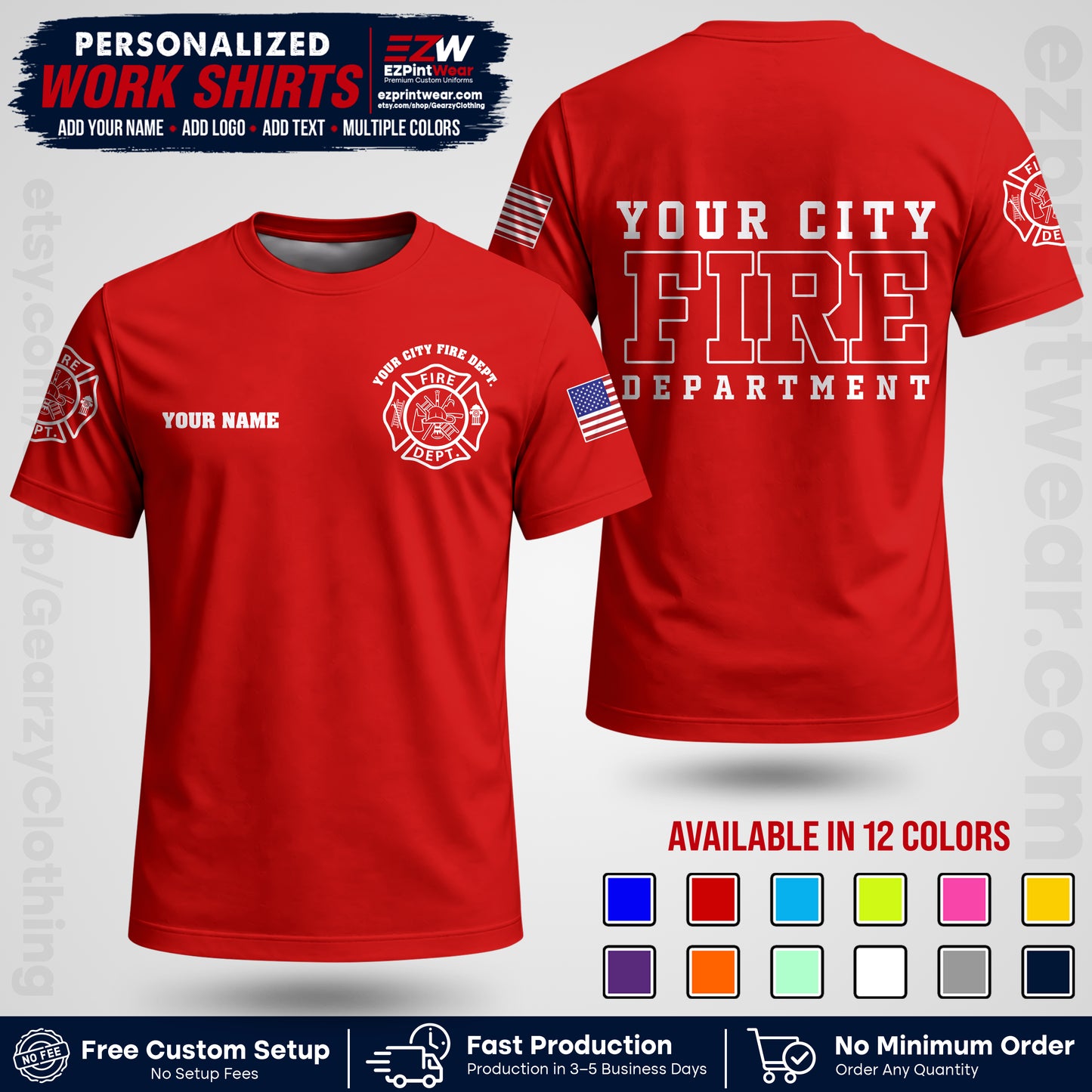 Custom Fire Department Shirt with Name, City Logo & Text | Firefighter Uniform | Button Up Work Shirt FF01