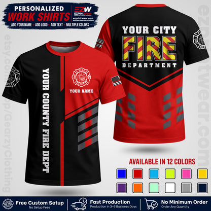 Custom Fire Department Shirt with Name, City Logo & Text | Firefighter Uniform | Button Up Work Shirt FF06