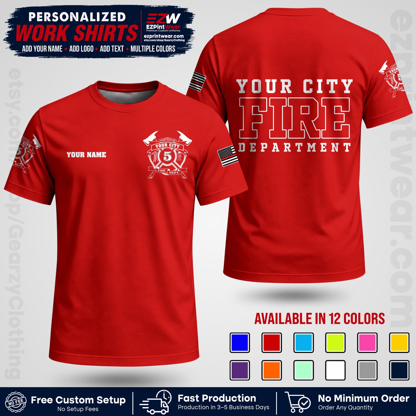 Custom Fire Department Shirt with Name, City Logo & Text | Firefighter Uniform | Button Up Work Shirt FF07