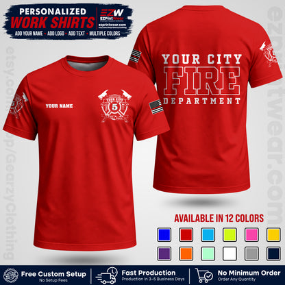 Custom Fire Department Shirt with Name, City Logo & Text | Firefighter Uniform | Button Up Work Shirt FF07