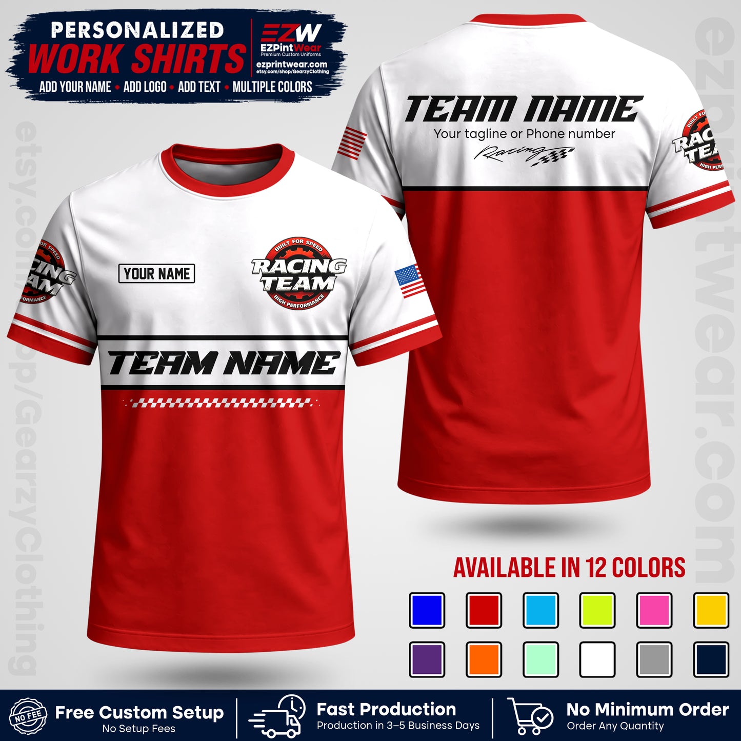 Custom Racing Shirt with Name, Logo & Text | Race Team Uniform | Crew Apparel RC12