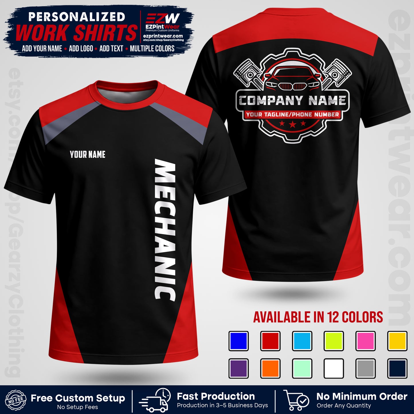 Custom Mechanic Work Shirt with Name, Logo & Text | Auto Shop Uniform | Workwear MCN 02