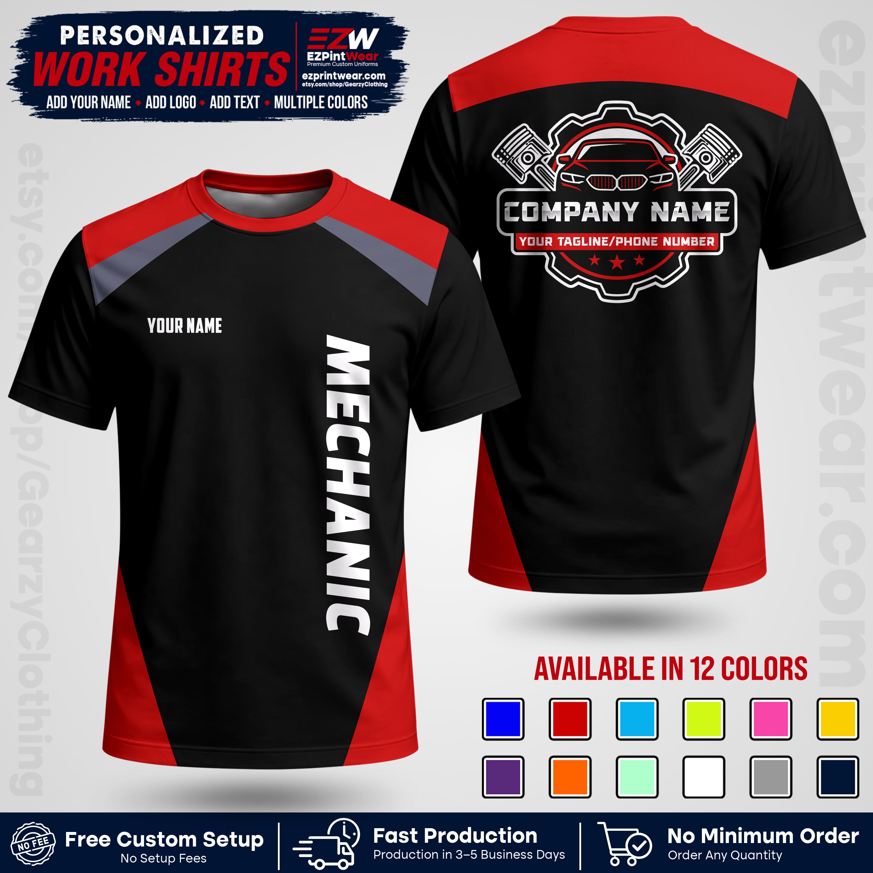 Custom Mechanic Work Shirt with Name, Logo & Text | Auto Shop Uniform | Workwear MCN 02