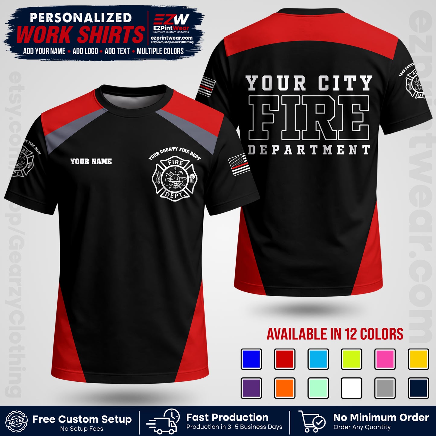 Custom Fire Department Shirt with Name, City Logo & Text | Firefighter Uniform | Button Up Work Shirt FF04