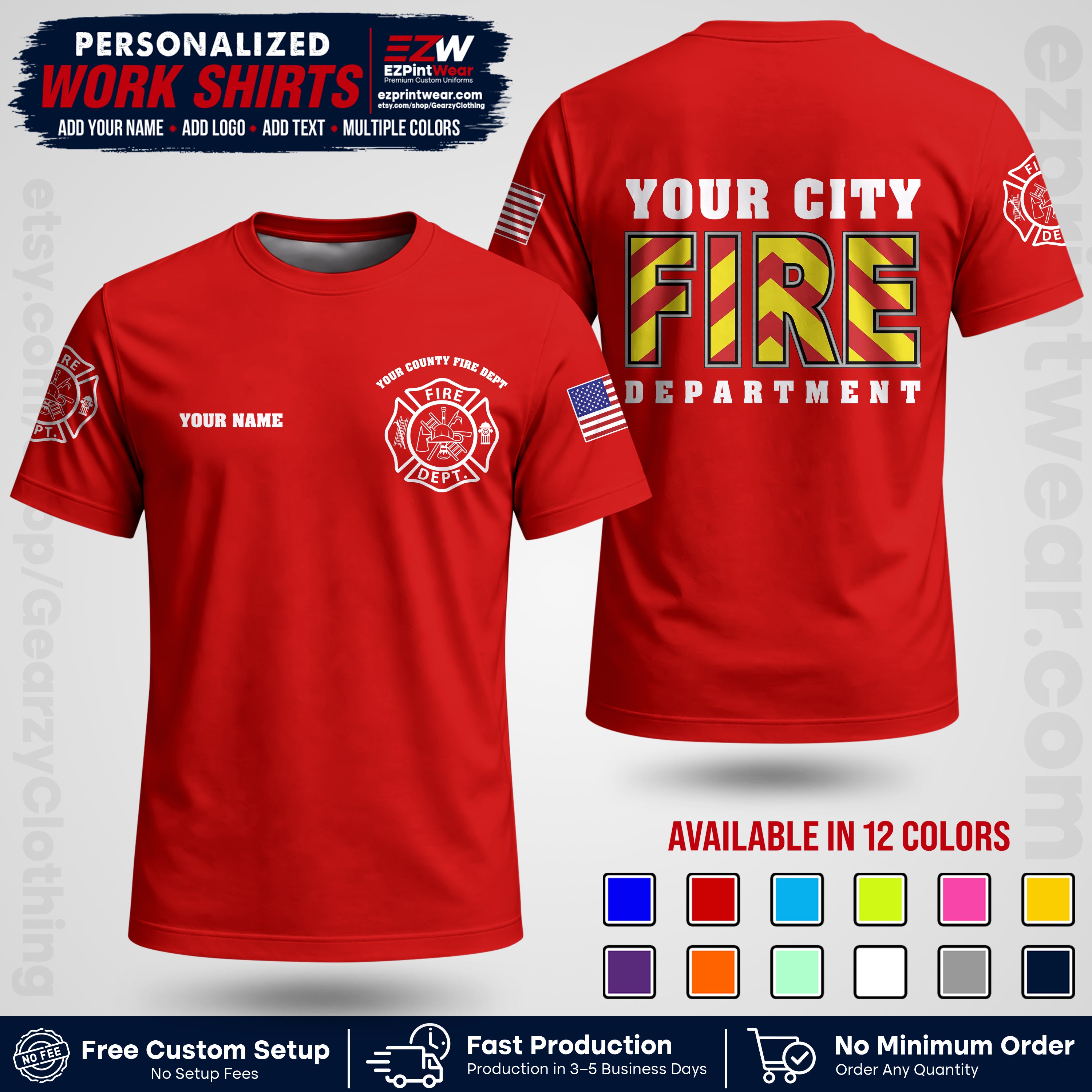 Custom Fire Department Shirt with Name, City Logo & Text | Firefighter Uniform | Button Up Work Shirt FF05