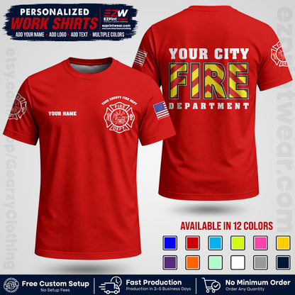 Custom Fire Department Shirt with Name, City Logo & Text | Firefighter Uniform | Button Up Work Shirt FF05