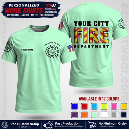Custom Fire Department Shirt with Name, City Logo & Text | Firefighter Uniform | Button Up Work Shirt FF05