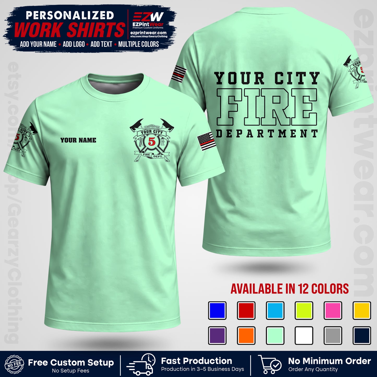 Custom Fire Department Shirt with Name, City Logo & Text | Firefighter Uniform | Button Up Work Shirt FF07