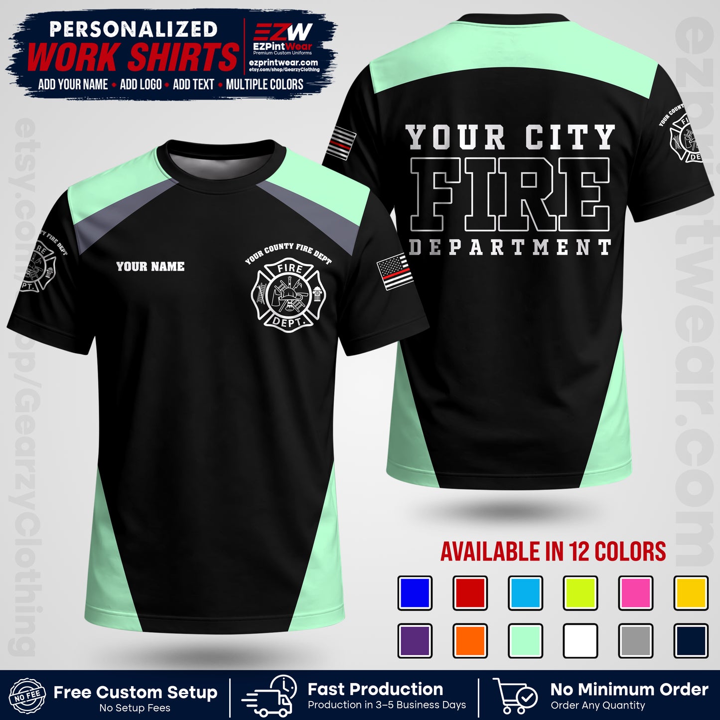 Custom Fire Department Shirt with Name, City Logo & Text | Firefighter Uniform | Button Up Work Shirt FF04
