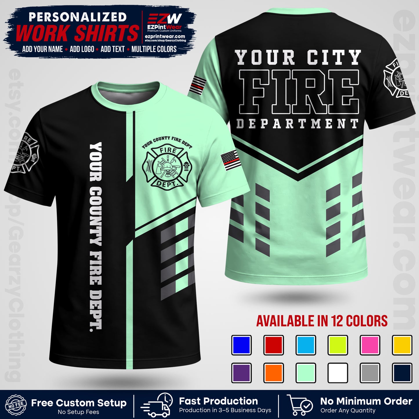 Custom Fire Department Shirt with Name, City Logo & Text | Firefighter Uniform | Button Up Work Shirt FF03