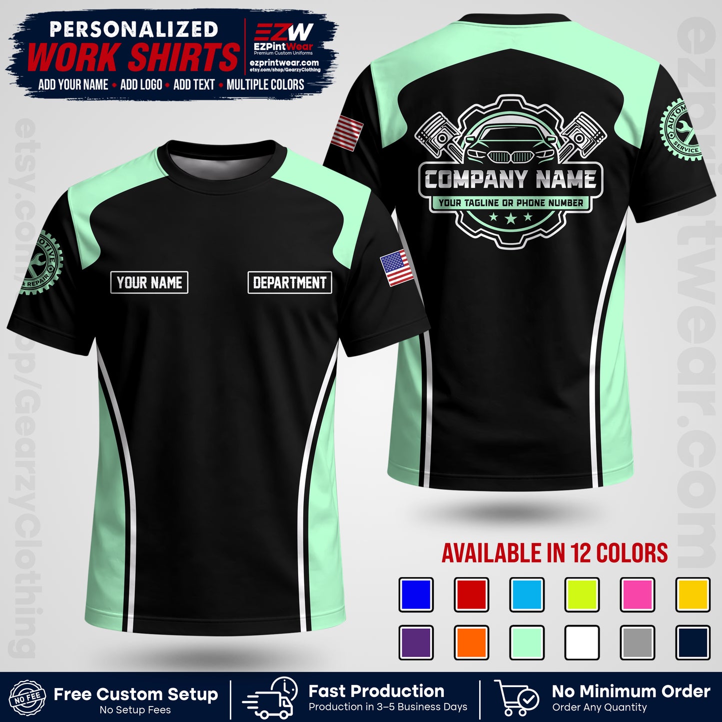 Custom Mechanic Work Shirt with Name, Logo & Text | Auto Shop Uniform | Workwear MCN 10