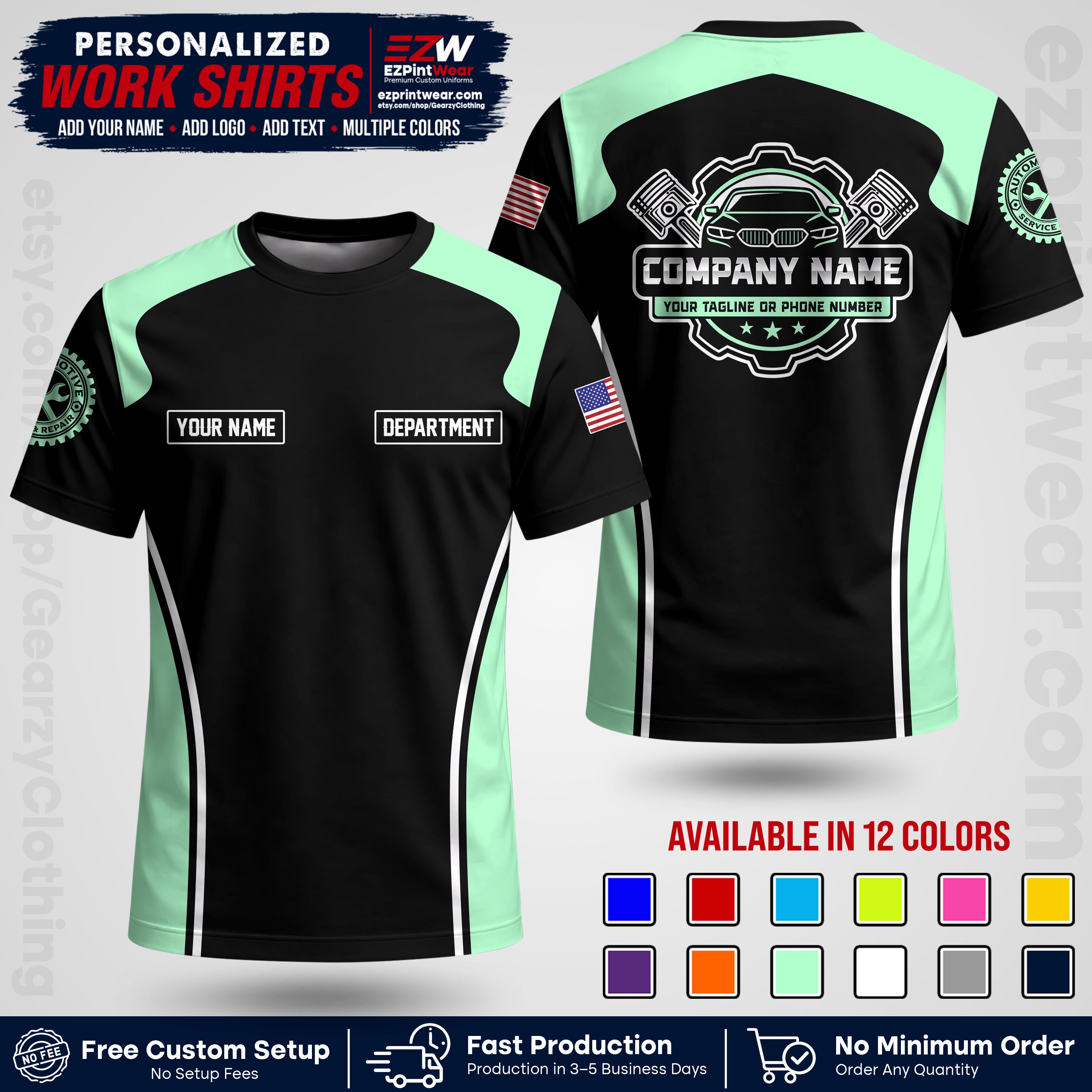 Custom Mechanic Work Shirt with Name, Logo & Text | Auto Shop Uniform | Workwear MCN 10