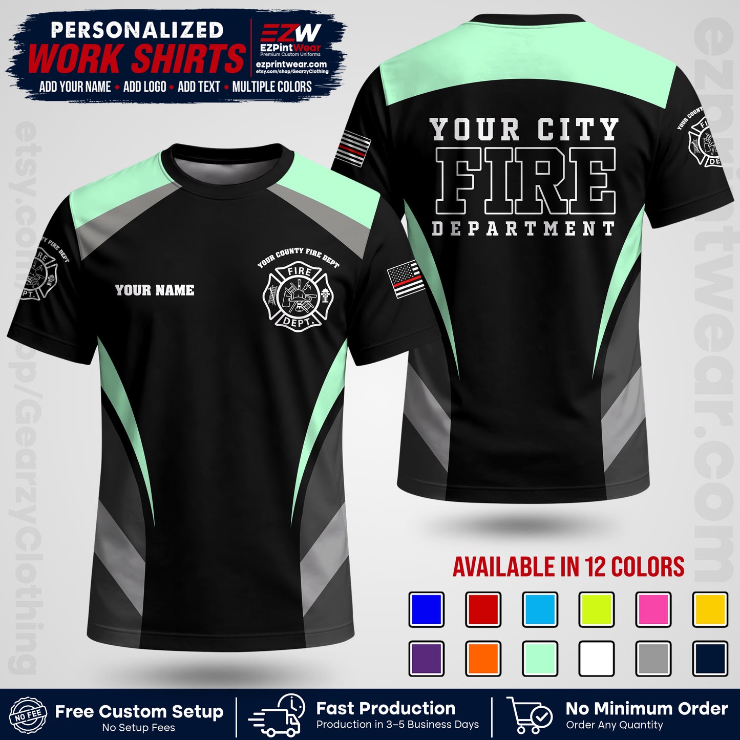 Custom Fire Department Shirt with Name, City Logo & Text | Firefighter Uniform | Button Up Work Shirt FF02
