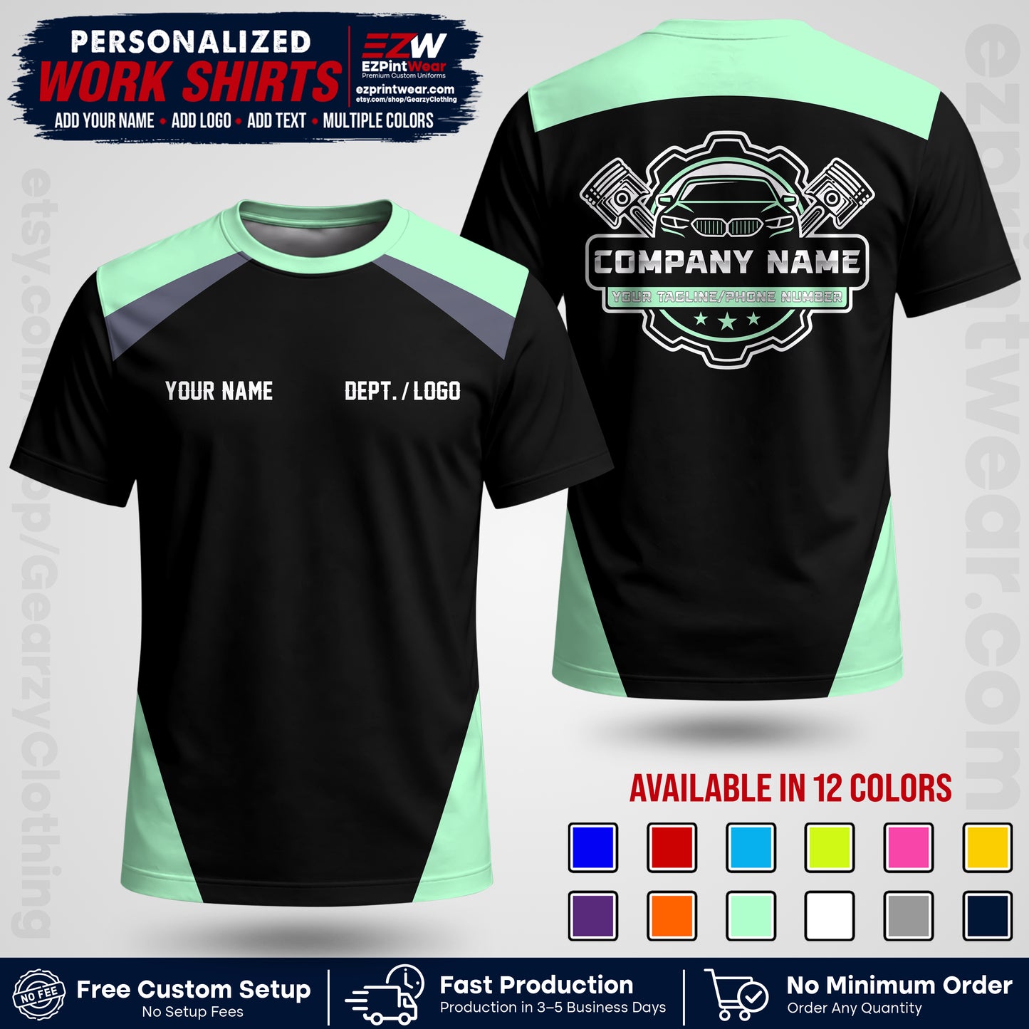 Custom Mechanic Work Shirt with Name, Logo & Text | Auto Shop Uniform | Workwear MCN 03