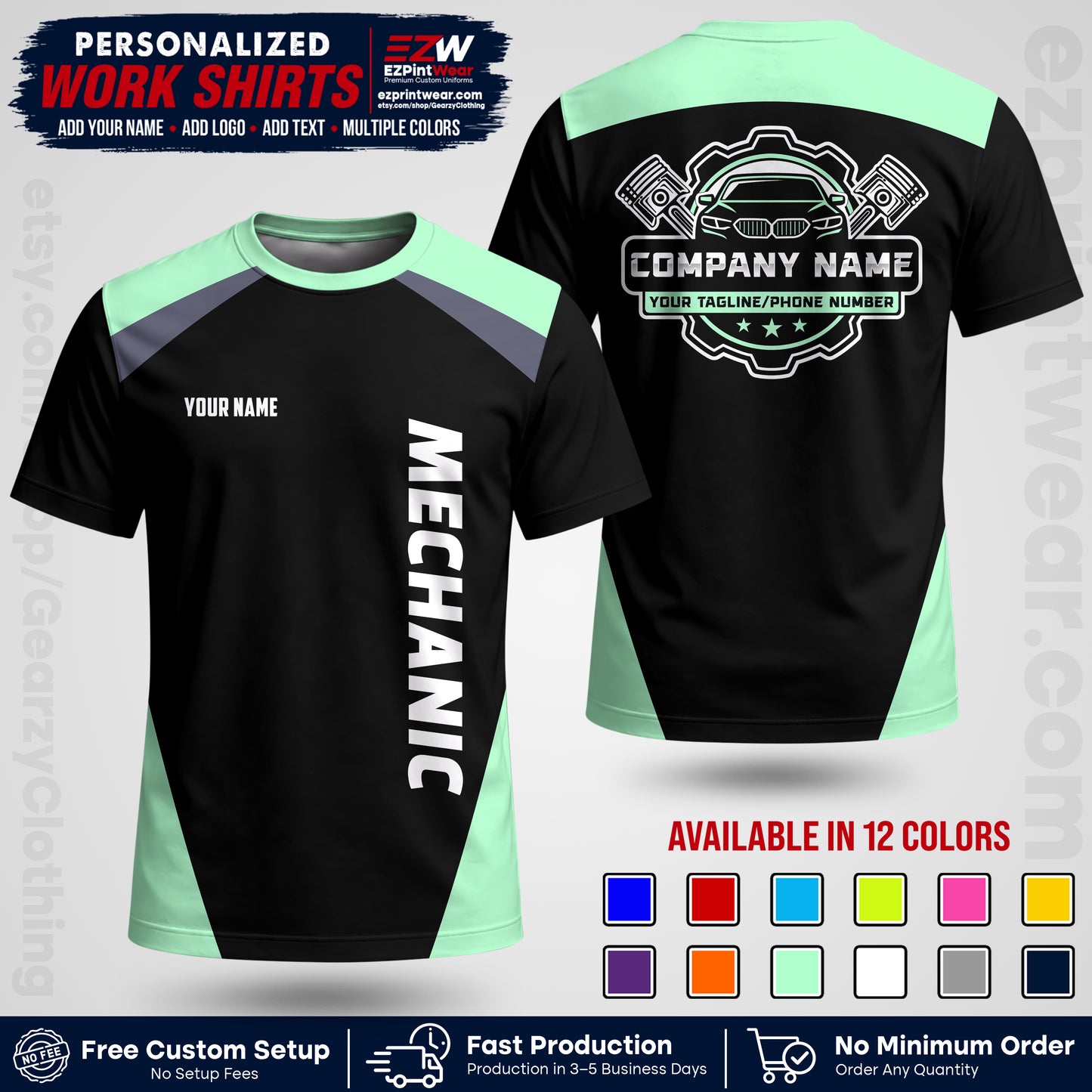 Custom Mechanic Work Shirt with Name, Logo & Text | Auto Shop Uniform | Workwear MCN 02