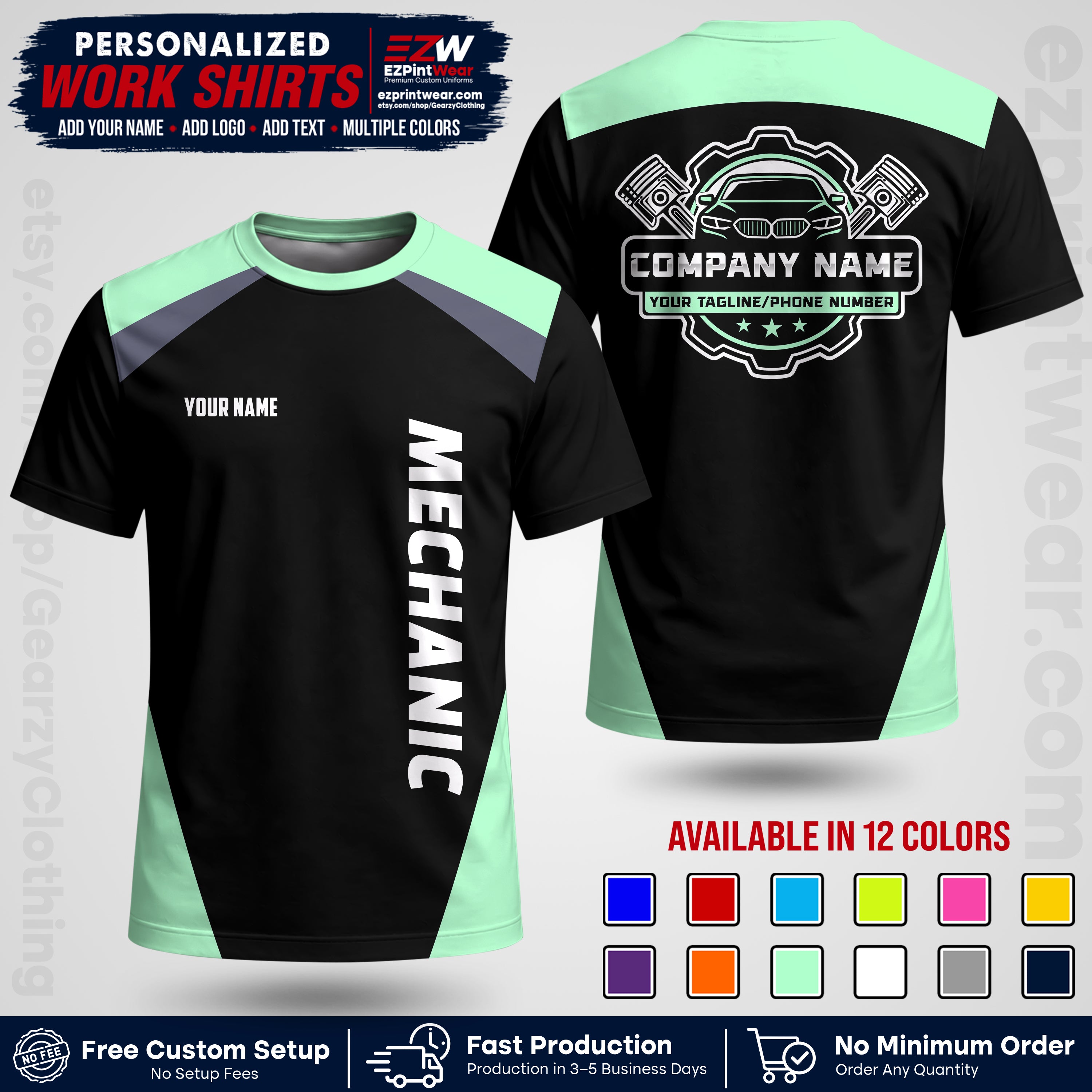 Custom Mechanic Work Shirt with Name, Logo & Text | Auto Shop Uniform | Workwear MCN 02