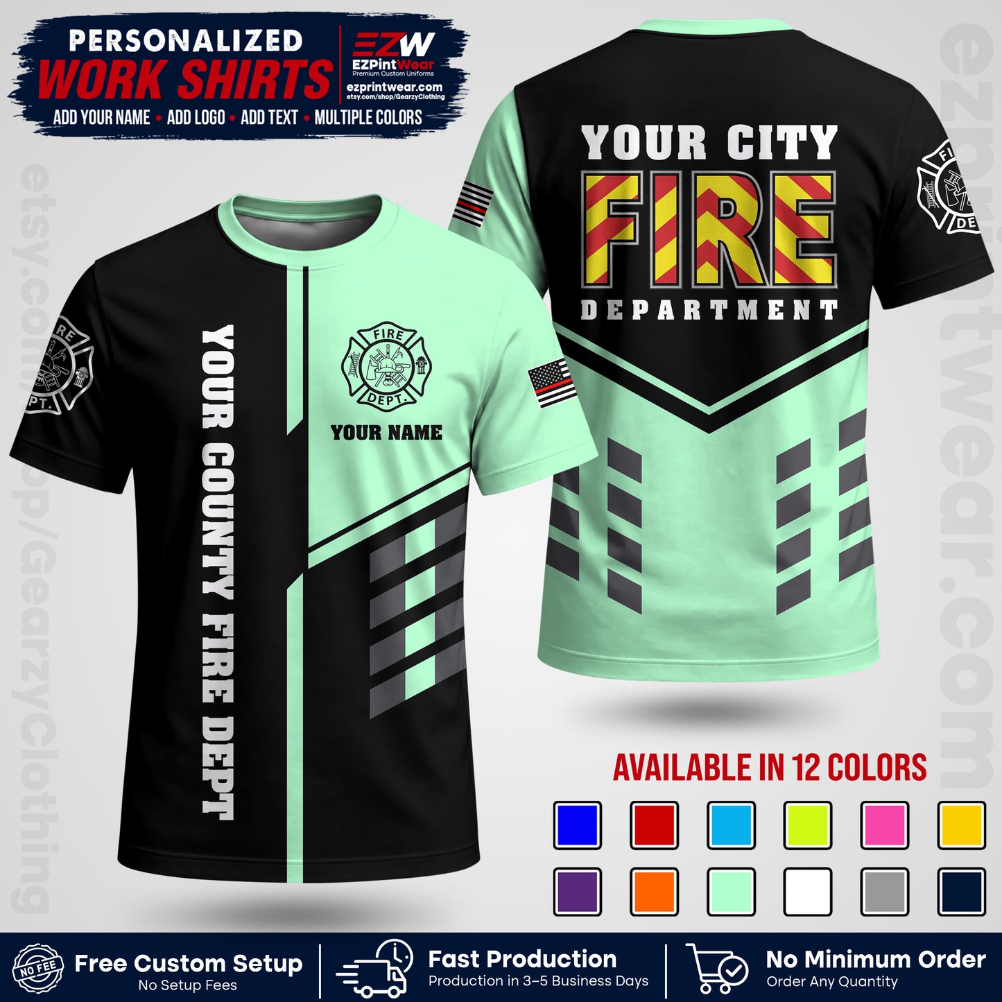 Custom Fire Department Shirt with Name, City Logo & Text | Firefighter Uniform | Button Up Work Shirt FF06