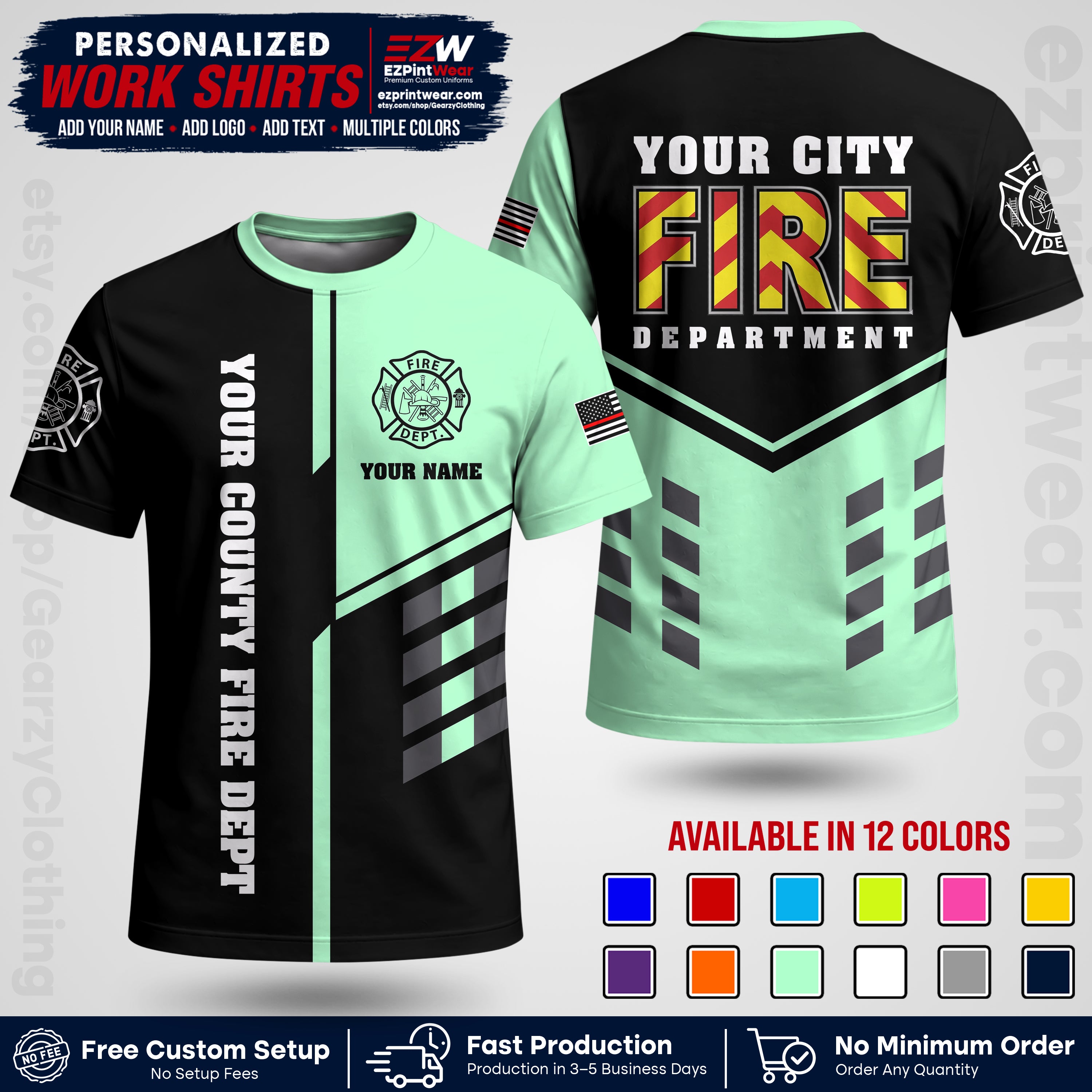 Custom Fire Department Shirt with Name, City Logo & Text | Firefighter Uniform | Button Up Work Shirt FF06