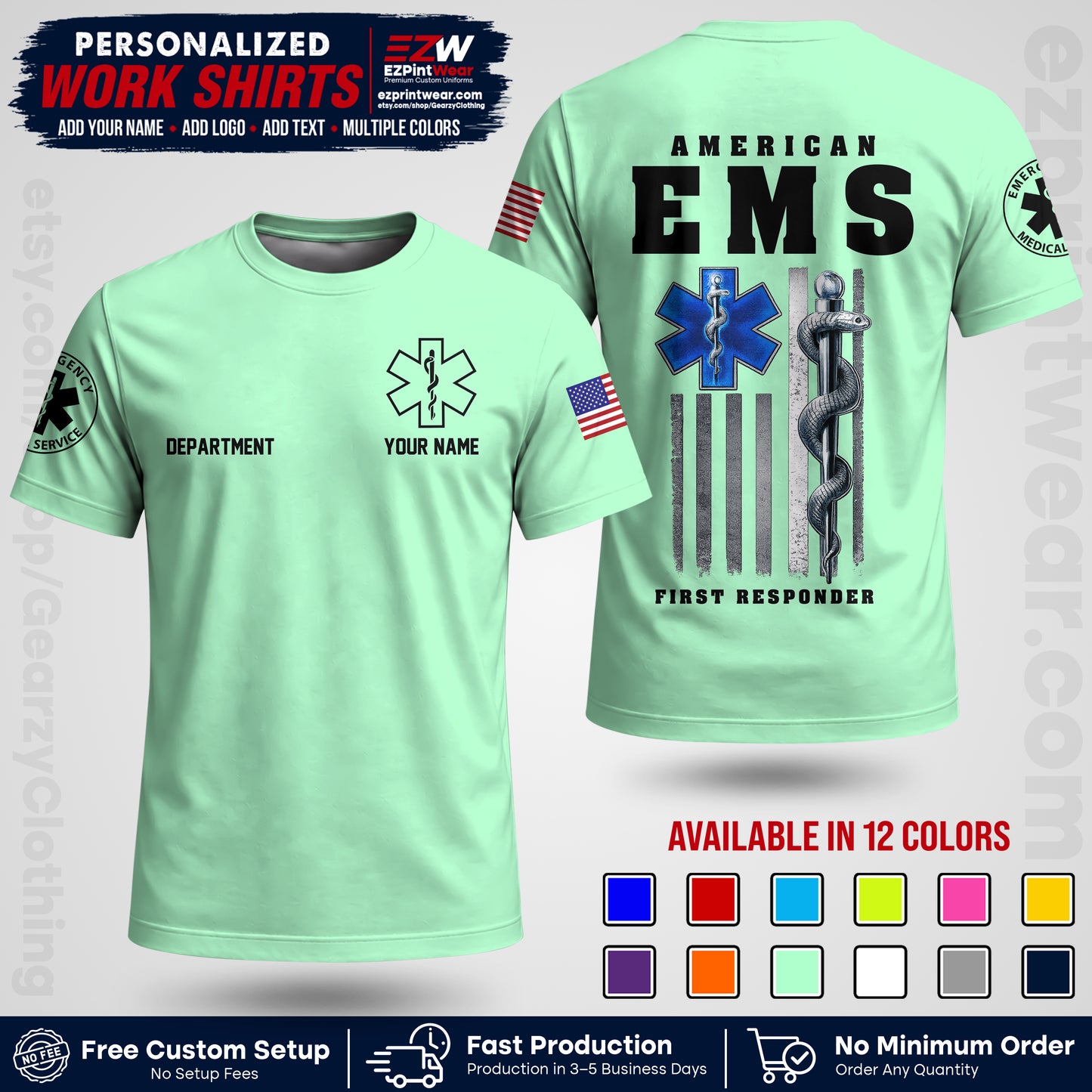 Custom EMS Shirt with Name, Logo & Text | EMS Team Uniform | First Responder Workwear EMSU03
