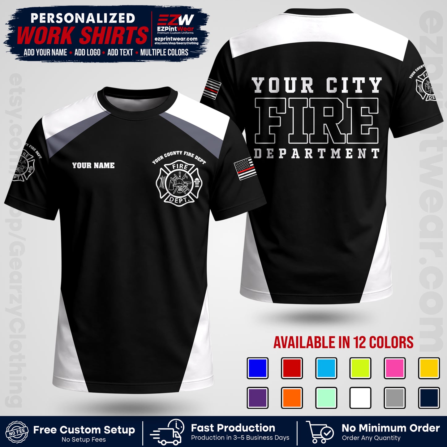 Custom Fire Department Shirt with Name, City Logo & Text | Firefighter Uniform | Button Up Work Shirt FF04