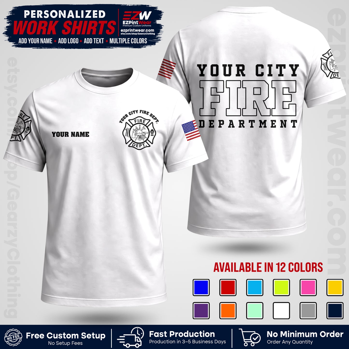 Custom Fire Department Shirt with Name, City Logo & Text | Firefighter Uniform | Button Up Work Shirt FF01