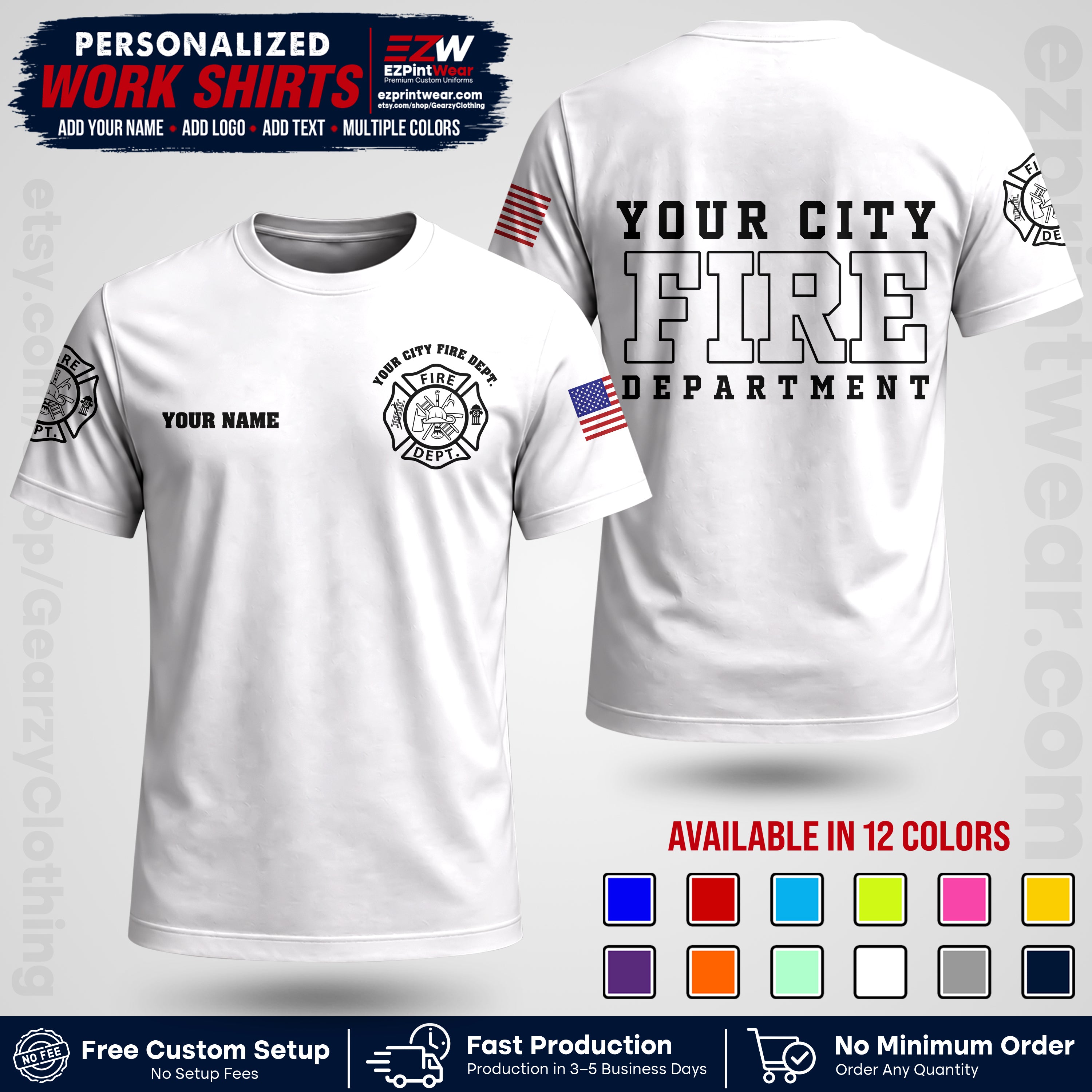 Custom Fire Department Shirt with Name, City Logo & Text | Firefighter Uniform | Button Up Work Shirt FF01
