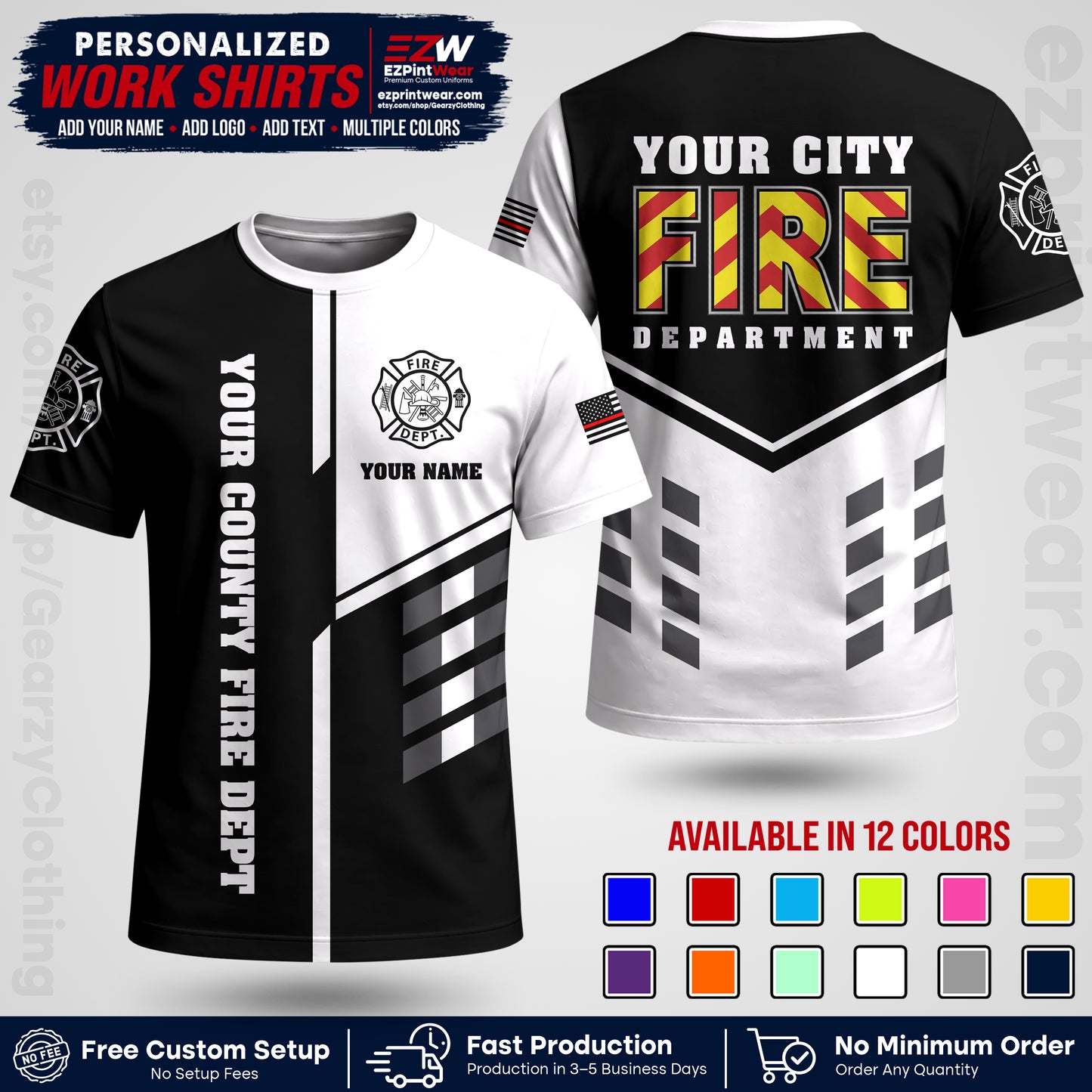 Custom Fire Department Shirt with Name, City Logo & Text | Firefighter Uniform | Button Up Work Shirt FF06