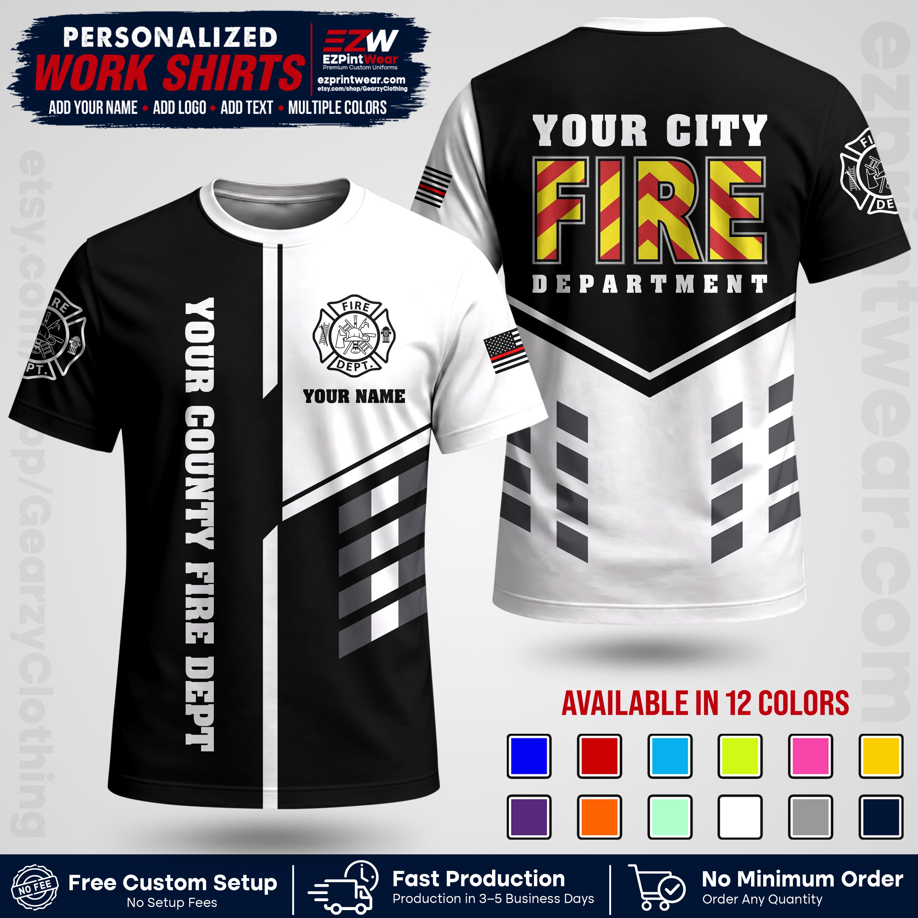 Custom Fire Department Shirt with Name, City Logo & Text | Firefighter Uniform | Button Up Work Shirt FF06