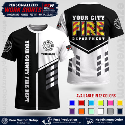 Custom Fire Department Shirt with Name, City Logo & Text | Firefighter Uniform | Button Up Work Shirt FF06
