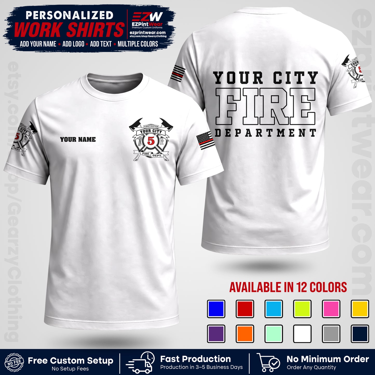 Custom Fire Department Shirt with Name, City Logo & Text | Firefighter Uniform | Button Up Work Shirt FF07