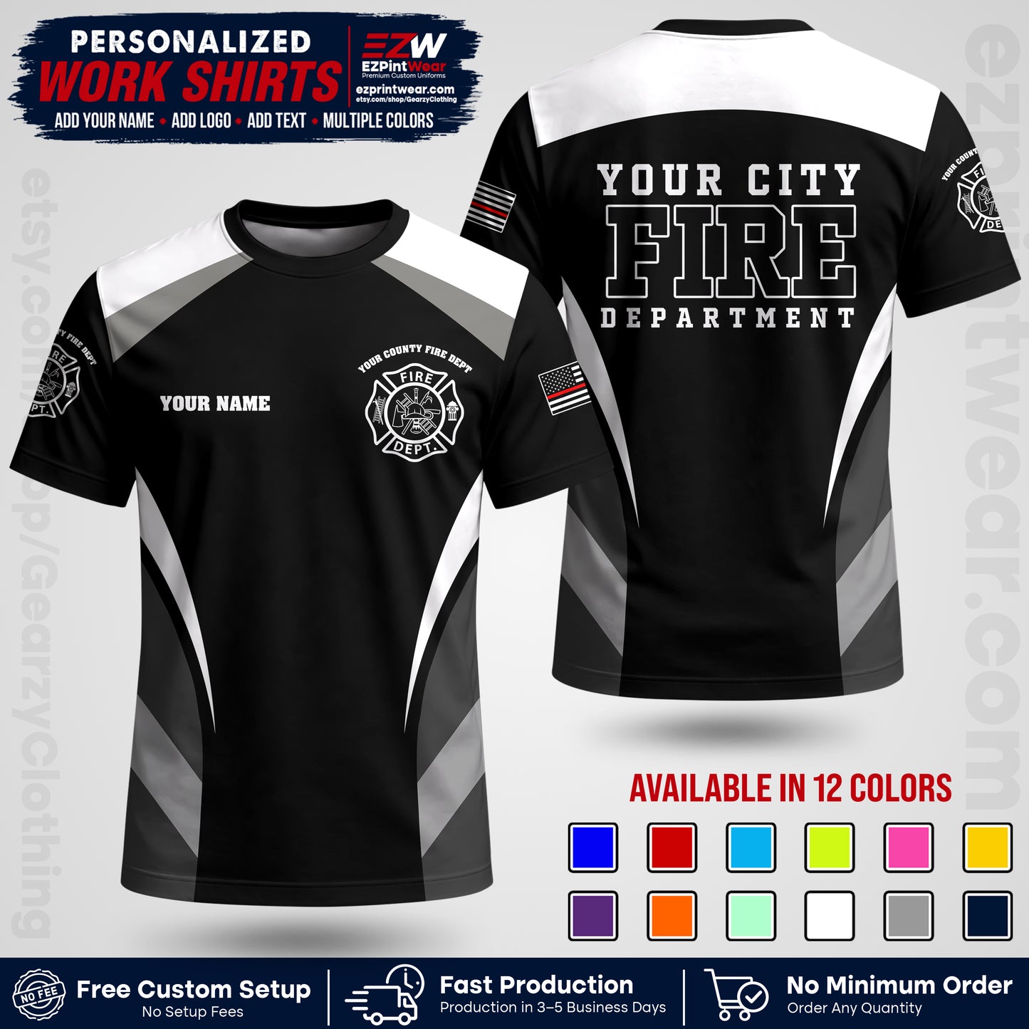 Custom Fire Department Shirt with Name, City Logo & Text | Firefighter Uniform | Button Up Work Shirt FF02